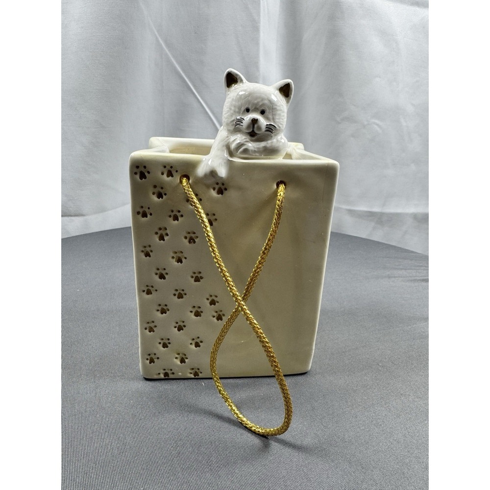 Vintage GAC Ceramic Cat in Shopping Bag Planter White Kitten Gold Handles 7.5in